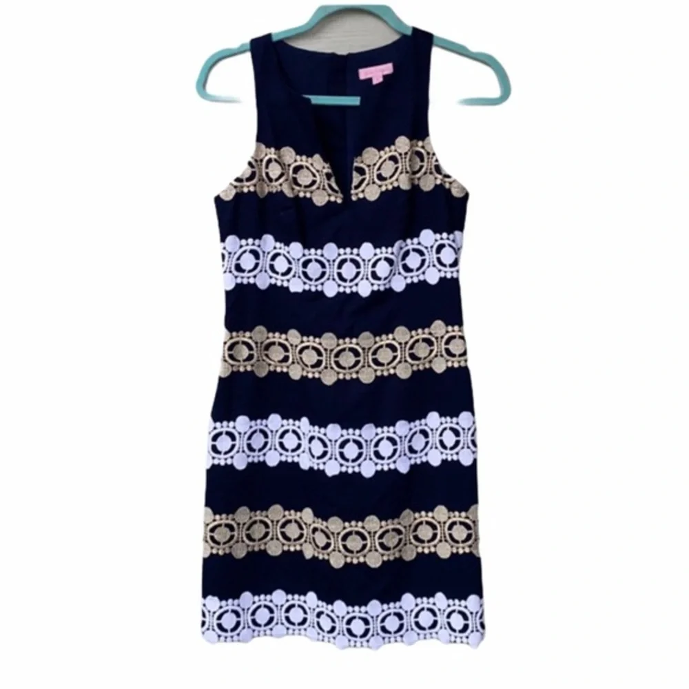 Lilly Pulitzer Navy & Gold Embroidered Lace Shift Dress Size 0 Excellent Cond. - Picture 15 of 16